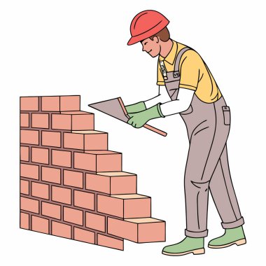Tuğla döşeyen bir inşaat işçisinin detaylı bir temsili. Görüntü, işçiyi güvenlik donanımı içinde, inşaat, mimari veya işçilikle ilgili tasarım temaları için ideal bir duvar inşa etmek için hassas tuğlalar yerleştirerek gösteriyor..