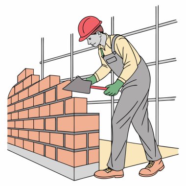 Tuğla döşeyen bir inşaat işçisinin detaylı bir temsili. Görüntü, işçiyi güvenlik donanımı içinde, inşaat, mimari veya işçilerle ilgili tasarım temaları için sağlam bir duvar örmek amacıyla hassas tuğlalar yerleştirerek gösteriyor..