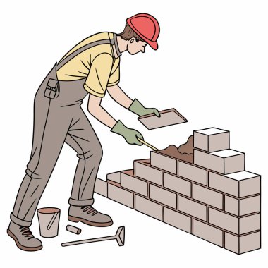 Tuğla döşeyen bir inşaat işçisinin detaylı bir temsili. Görüntü, işçiyi güvenlik donanımı içinde, inşaat, mimari veya işçilerle ilgili tasarım temaları için sağlam bir duvar örmek amacıyla hassas tuğlalar yerleştirerek gösteriyor..