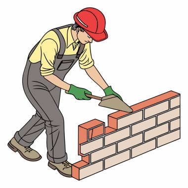 Tuğla döşeyen bir inşaat işçisinin detaylı bir temsili. Görüntü, işçiyi güvenlik donanımı içinde, inşaat, mimari veya işçilerle ilgili tasarım temaları için sağlam bir duvar örmek amacıyla hassas tuğlalar yerleştirerek gösteriyor..