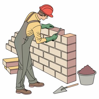 Tuğla döşeyen bir inşaat işçisinin detaylı bir temsili. Görüntü, işçiyi güvenlik donanımı içinde, inşaat, mimari veya işçilerle ilgili tasarım temaları için sağlam bir duvar örmek amacıyla hassas tuğlalar yerleştirerek gösteriyor..