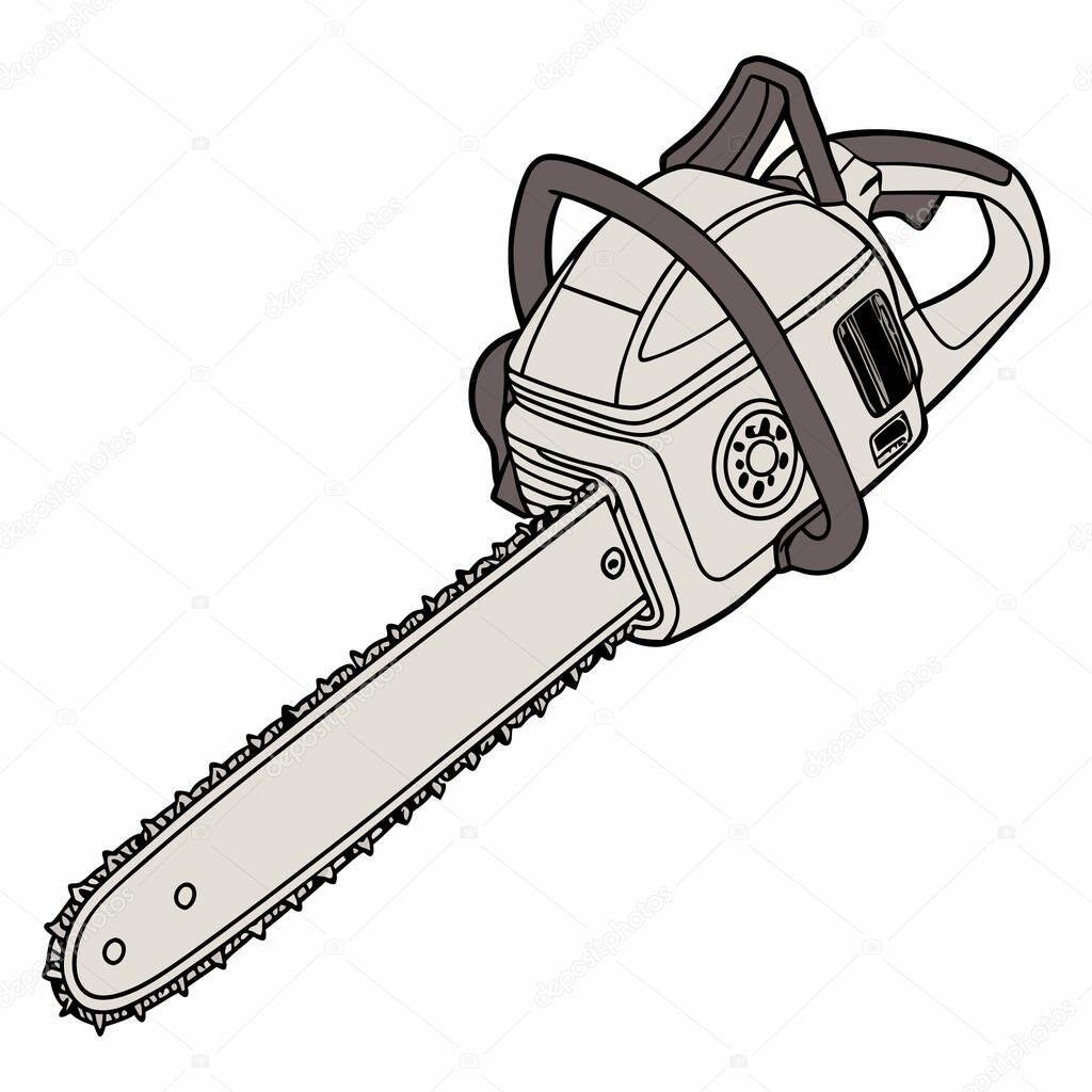 A high-quality chainsaw illustration showcases detailed, accurate, and visually appealing artwork of a chainsaw. Ideal for use in technical manuals, promotional materials, educational content, or graphic design projects,