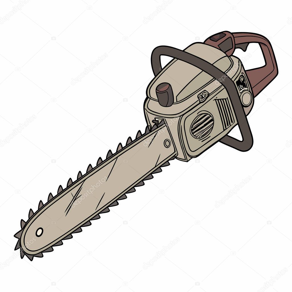 A high-quality chainsaw illustration showcases detailed, accurate, and visually appealing artwork of a chainsaw. Ideal for use in technical manuals, promotional materials, educational content, or graphic design projects,