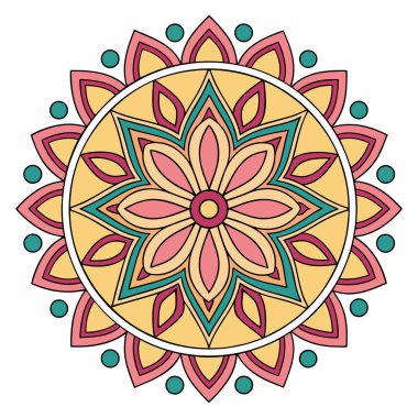 Renkli bir Mandala Vektör Tasarımı. Dekoratif sanat ve baskı projeleri için mükemmel. Bu simetrik desen, tekstil, poster, dijital sanat eserleri ve ev dcor için ideal cesur renkler ve ayrıntılı elementler içerir..