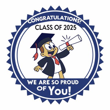 Bu 2025 mezuniyet ambleminde klasik mezuniyet şapkası takılmış koyu kırmızı ve altın bir rozet tasarımı yer alıyor. Başarıyı ve akademik gururu sembolize eder. Sertifikalar ve afişler için mükemmeldir.,