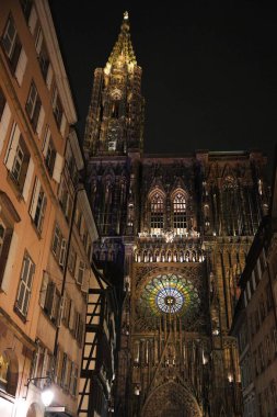 Strasbourg Katedrali 'nin dikey görüntüsü Gotik cepheyi aydınlattı, gökdelen kulesi ve geleneksel binalar tarafından çerçevelenmiş parlak gül penceresi. 