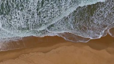İnsansız hava aracı okyanus dalgaları üzerinde uçarak altın kumlu sahile vuruyor köpüklü dalgalar süzülüyor ve kıyı şeridini işaretliyor. Sıcak ışıkta huzurlu ve dokulu bir kıyı anı. 