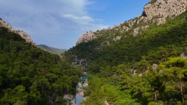 Yoğun orman, kayalık yamaçlar, dolambaçlı nehir ve güneşli bir günde açık mavi gökyüzü ile yeşil bir dağ manzarası.. 