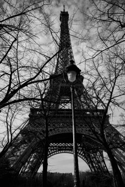 Eyfel Kulesi kışın ağaçların arasından görülüyor. Paris, Fransa 'da karamsar atmosferi ve eski tarz sokak lambasıyla siyah beyaz dikey fotoğraf.