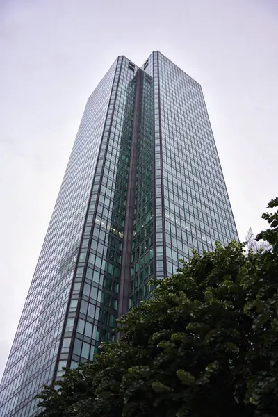 La Defense 'daki modern cam kule, modern mimarisi ve çelik yapısı olan yumuşak bulutlu gökyüzünün altındaki yeşil ağaçların üzerinde yükseliyor.