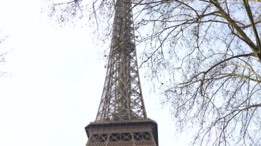 Eyfel Kulesi 'nin yakın görüntüsü Paris' te gün ışığında çıplak kış dallarıyla kısmen gizlenmiş.