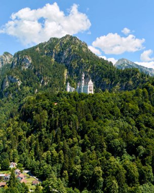 Neuschwanstein Kalesi 'nin dikey hava görüntüsü dağdaki sık yeşil ormanlara yerleşmiş manzaralı gökyüzü ve yazın bulutlarla.
