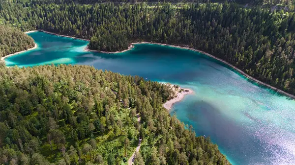 Güneşli bir günde çekilen küçük körfezler ve yoğun çam ormanlarıyla birlikte turkuaz göl manzarası.