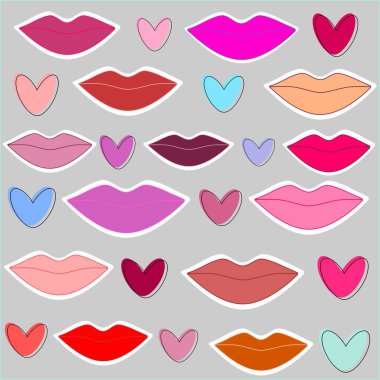 colorful lips and heart shapes icon, sign, symbol, illustration, clipart, animated, cartoon seamless pattern for fabric ,textile, wallpaper, bed sheet, blanket, curtain, wallpaper, wrap, print product business need  clipart