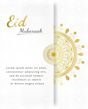 Ramazan bayramı kartı afişi, beyaz ve altın renkli, lüks temalı ve mandala sanat desenli bir resim. 
