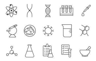 Bilim ekipmanları simgesi seti, işaret, sembol, vektör çizim ana hatları biçimi 