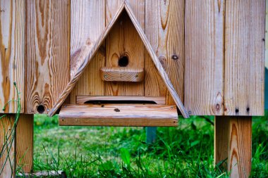 Close-up of a rustic wooden beehive with bees entering, showcasing a sustainable design in a natural outdoor environment.  clipart