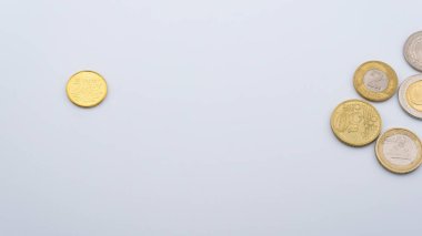 Sol tarafta 5 groszy madeni para ve sağ tarafta Polonya zlotisi ve avro sikkelerinin karışımının yer aldığı bir kompozisyon, minimalist beyaz bir arkaplan üzerine kurulmuş.. 