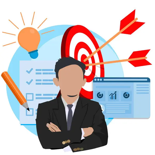 Hedefi olan iş adamı, vektör düz çizim. Bilgisayarlı iş adamı, oklu hedef, hedef, iş adamı, hedef, hedef, iş adamı, hedef
