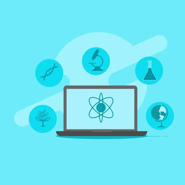 mavi arkaplanda dizüstü bilgisayar ve atom sembolü