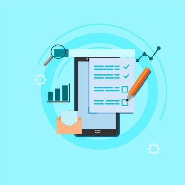 Mavi arkaplanda simge ve simgelerle cep telefonunun vektör düz çizimi.