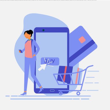 Akıllı telefonu ve tramvayı olan düz çizgi film stili bir adamın vektör çizimi. Mal ve hizmet satın alma kavramı