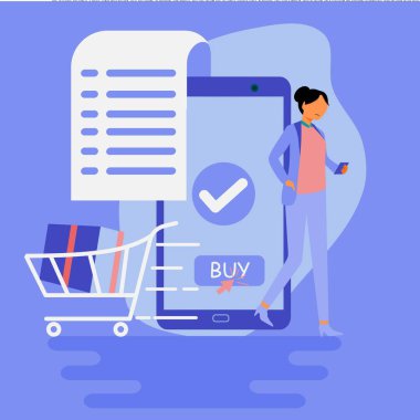 Kadın ve alışveriş arabası ve satın alma makbuzu