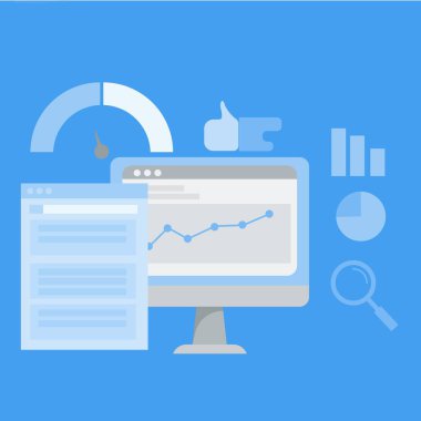 Raporlar üreten web sitesi analiz yazılımı, web sitesi büyümesi ve SEO analizi, simgeli dijital pazarlama - illüstrasyonlar.