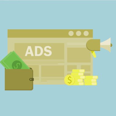 Ad Revenue - increase and optimize online pay per click advertising revenue. Illustration of a browser with website banner ads generating cash revenue. EPS 3
