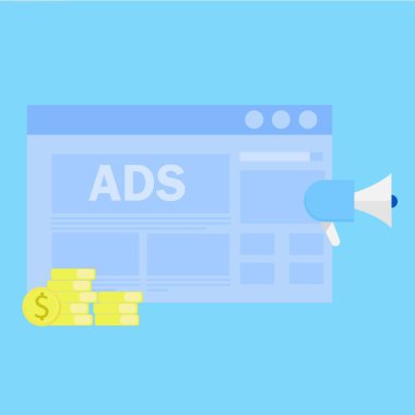 Ad Revenue - increase and optimize online pay per click advertising revenue. Illustration of a browser with website banner ads generating cash revenue. EPS 2