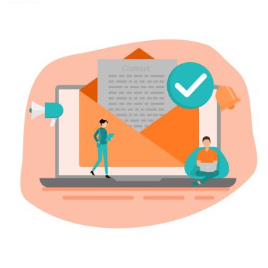 Sözleşme sayfası çevrimiçi, bizimle iletişim kurma formu üzerinden mesaj gönder, web sitesi üzerinden iletişim kur, sözleşme içeren e- posta gönder - simgelerle illüstrasyon. 