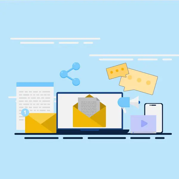 Gazete pazarlama, mesajlaşma, e-posta, dijital reklam, abonelik. Düz çizimler. EPS 4