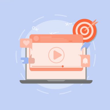 Video pazarlama illüstrasyonu. Sosyal ağlar ve dijital video reklamlarında paralanan video içeriği kavramı.