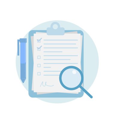 Pano ve büyüteç. Kontrol listesi simgesi. vektör düz illüstrasyon.