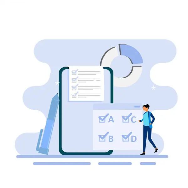 Pano üzerinde pano ve kontrol listesi olan işadamlarının vektör düz çizimi, kontrol ve kontrol listesi, kontrol listesi ve işaretleme işareti.