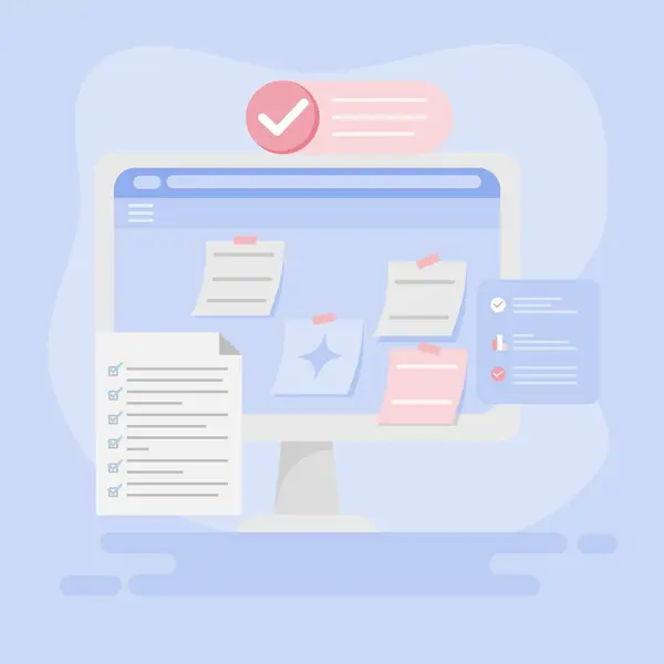 Kontrol işareti ve liste vektör illüstrasyonuna sahip dizüstü bilgisayar
