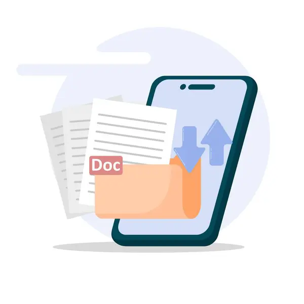 Panosu ve belgeleri olan bir işadamının düz stil vektör çizimi, bir kağıt klasörü, telefonu ve klasörü olan bir belge