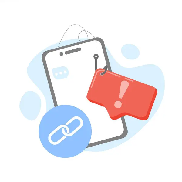 Sohbette çarpıcı uyarı, sahte mesajlar, anlık mesajlar ya da kurye uygulamaları ile linkler. İletilerde spam bağlantısı riskini gösterir. Bir mobil aygıta çarpıcı bir saldırı konseptinin vektör illüstrasyonu.