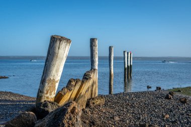 Corinella Barge Landing 'in çakıllı sahil şeridinde bir sıra eskimiş, beyaz boyalı ahşap kazık duruyor. Sakin suda küçük bir motorlu tekne görülebilir..