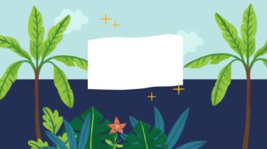 Palmiye yaprakları ve boş afiş şablonu olan boş ilan panosu. düz tasarım, vektör illüstrasyonu