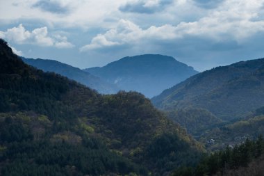 Şiddetli bulutlarla dolu bir gökyüzünün altında geniş bir orman dağları tabakalar halinde açılır. Sahne mavi atmosferik tonlara bürünür, dinginliği, ölçeği ve doğal güzelliği çağrıştırır.