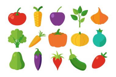 A vibrant collection of harvest vegetables including pumpkin, carrot, corn, bell pepper, tomato, and eggplant, showcasing their unique shapes, colors, and textures, perfect for fall designs and culinary themes clipart