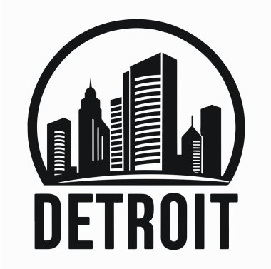 A stylish circular emblem design showcasing Detroit iconic Renaissance Center, highlighting the city's modern architecture and skyline in a clean, symbolic representation clipart