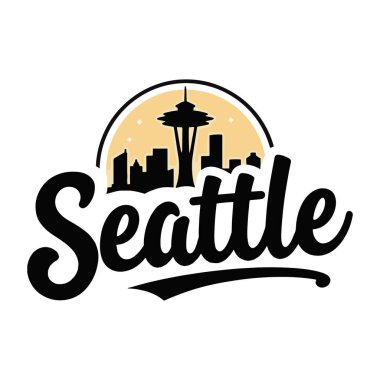 Sembolik Space Needle 'ın Seattle siluetinin yanında yer aldığı ve bu ünlü şehir simgesi ve manzaranın özünü yansıtan bir amblemin canlı bir temsili.