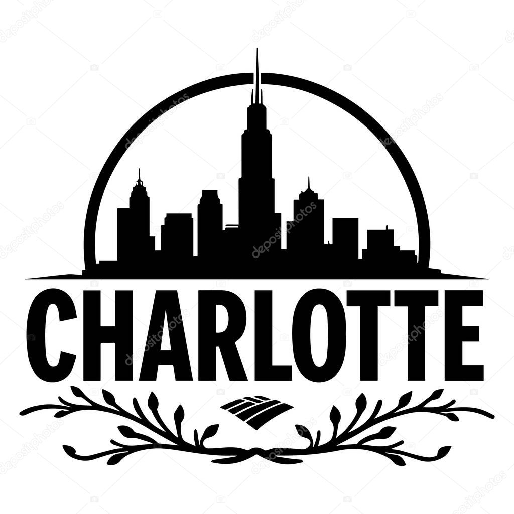Detailed silhouette of the Bank of America Tower complemented by the Charlotte skyline, ideal for urban artwork, city branding, and North Carolina landmarks with a modern architectural touch.