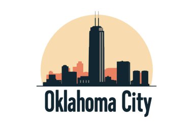Oklahoma City siluetine karşı sembolik Devon Kulesi 'ni vurgulayan yuvarlak bir amblem tasarımı modern mimari ve kentsel titreşimleri parlak, profesyonel bir kompozisyonda harmanlıyor..