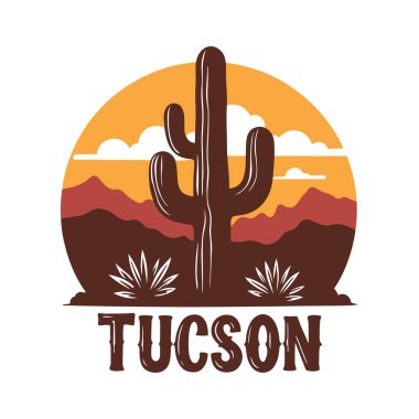 A stunning design featuring a saguaro cactus in the foreground set against the picturesque Tucson skyline, blending the natural beauty of the desert with urban charm. clipart