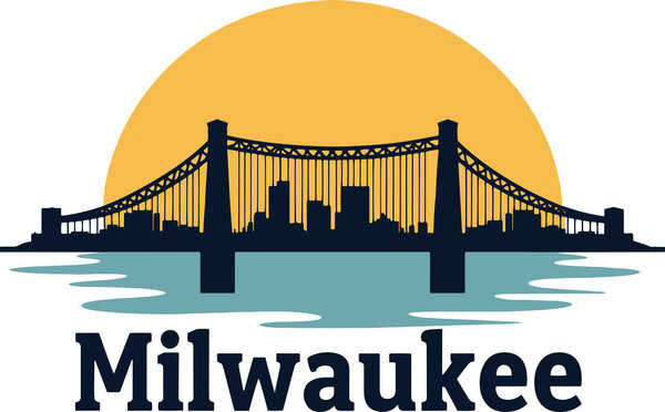Удивительный дизайн с изображением легендарного моста Хоан, простирающегося над озером Мичиган, против яркого горизонта Милуоки, захватывающего городскую энергию и природную красоту города.