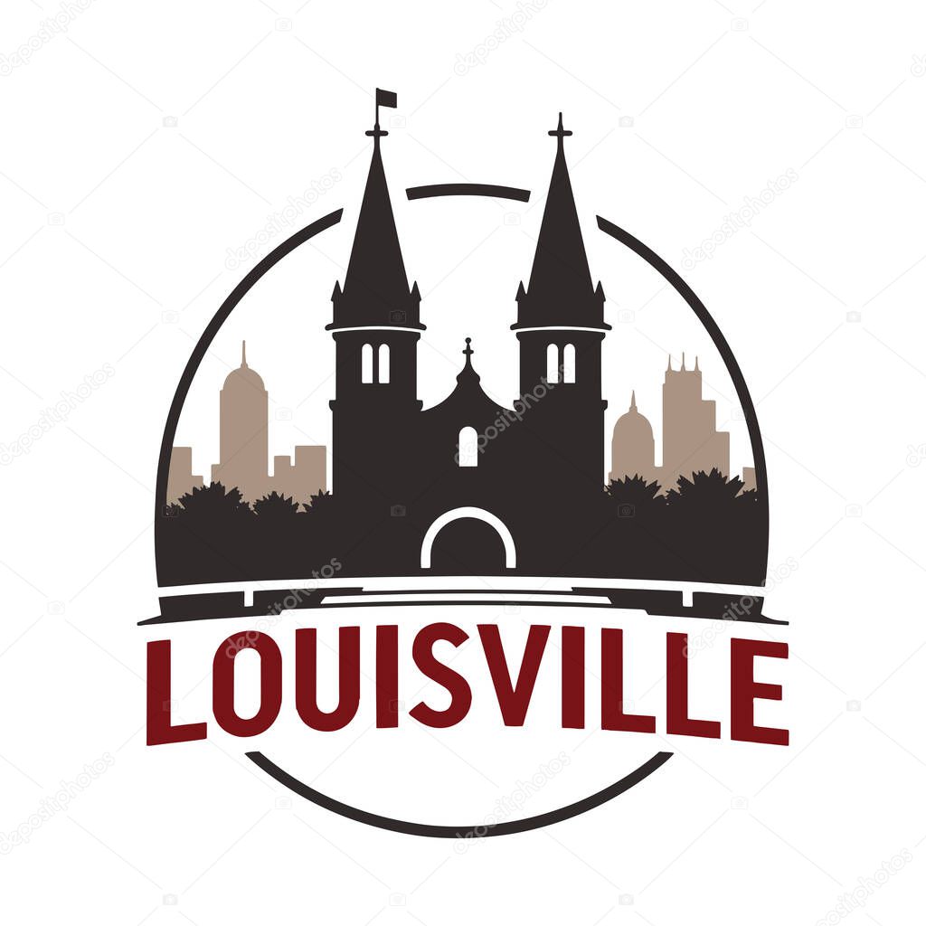 A detailed emblem design featuring the iconic Churchill Downs Twin Spires set against the Louisville skyline, capturing the essence of Kentucky's rich heritage and urban charm.