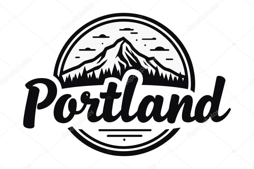 A circular emblem design showcasing Mount Hood towering over the iconic Portland skyline, blending nature and urban elements in a cohesive and artistic composition.